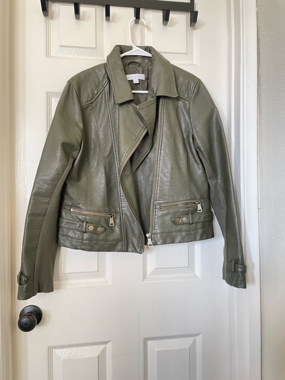 New York & Company Olive Green Leather Moto Jacket